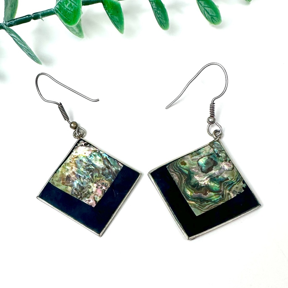 🖤Vintage Alpaca Mexican Silver Earrings with Abalone Inlay